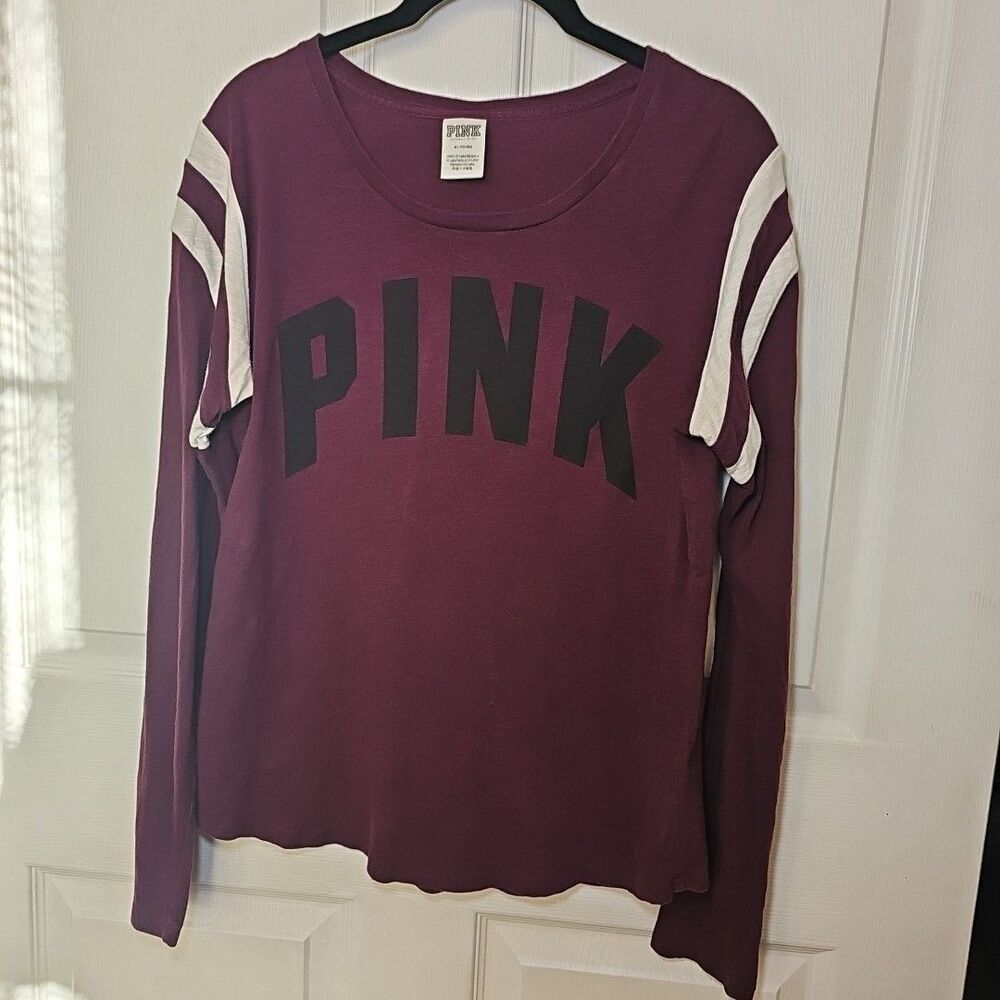 Pink Women's Burgundy White Stripe Campus Long Sleeve Tee Medium